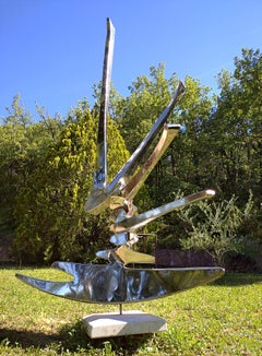 “Sparkles”, Stainless Steel Monumental Abstract Sculpture on White Marble Base