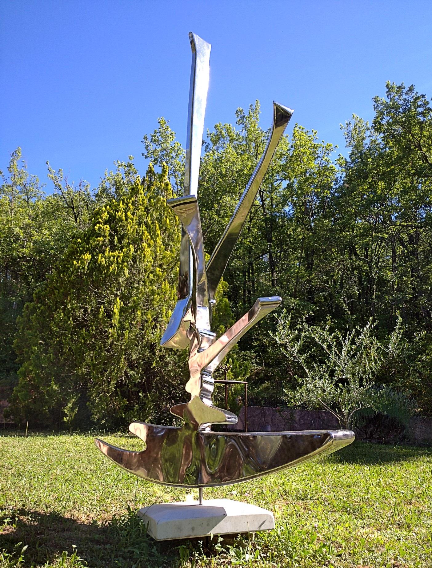 “Sparkles”, Stainless Steel Monumental Abstract Sculpture on White Marble Base 1