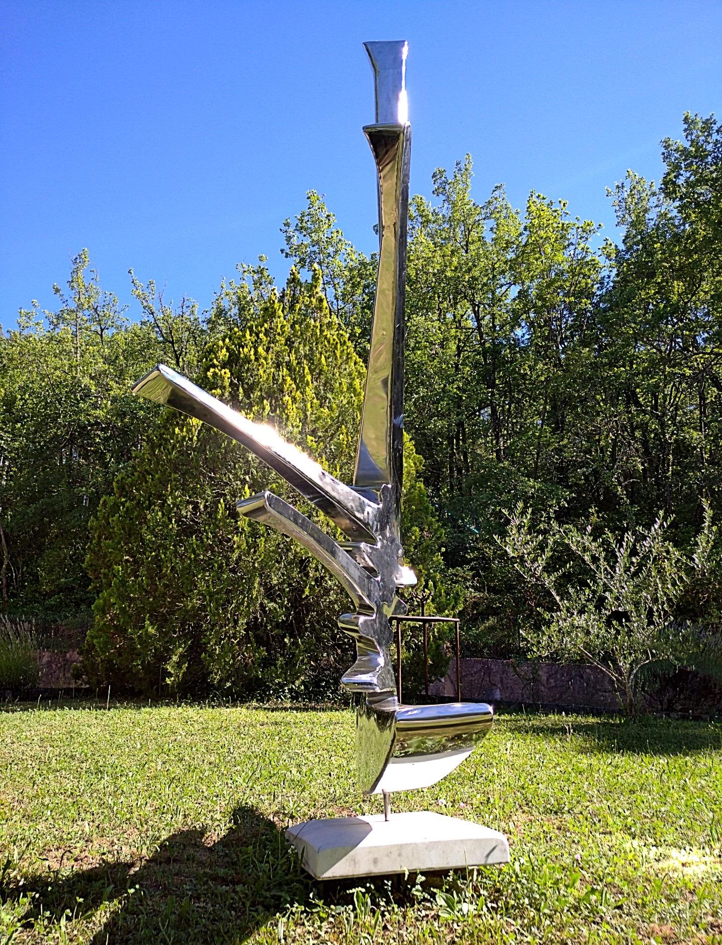 “Sparkles”, Stainless Steel Monumental Abstract Sculpture on White Marble Base 2