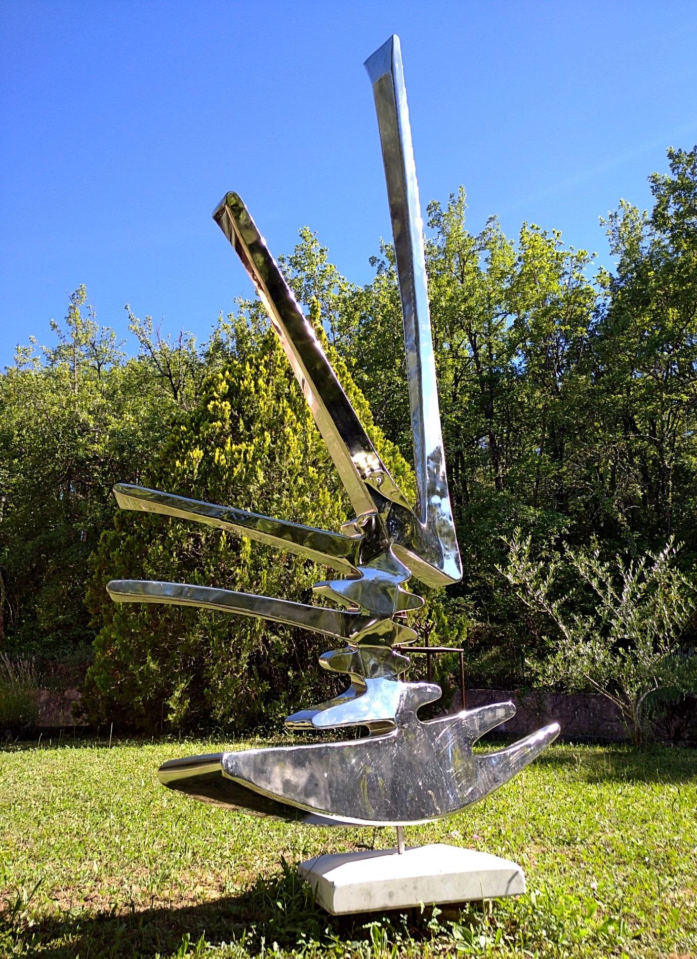 “Sparkles”, Stainless Steel Monumental Abstract Sculpture on White Marble Base 3