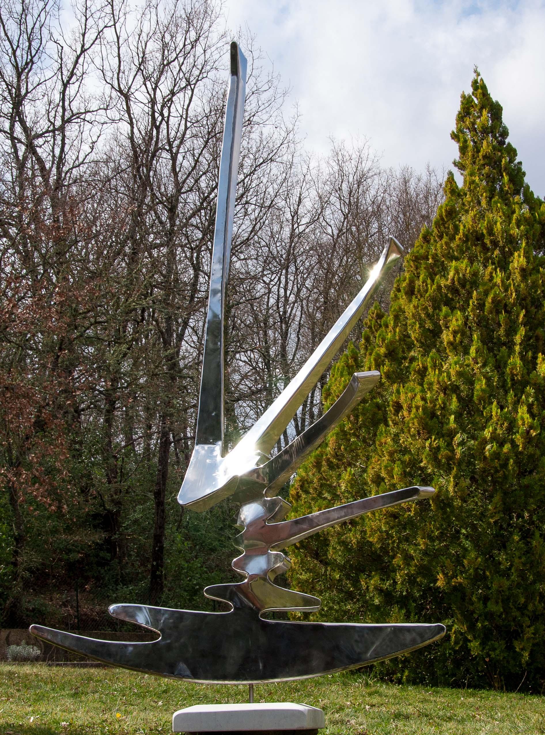 “Sparkles”, Stainless Steel Monumental Abstract Sculpture on White Marble Base 4