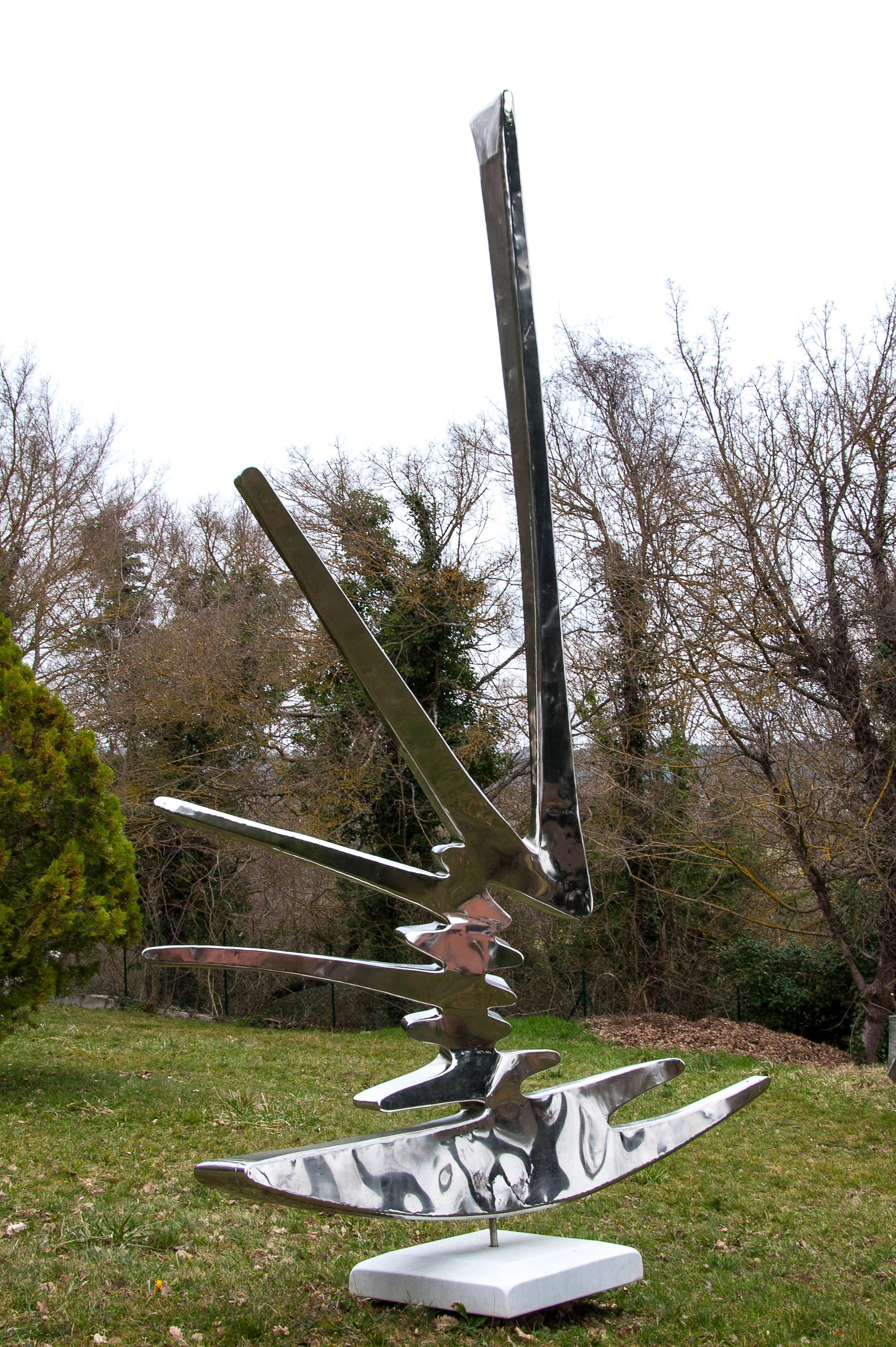 “Sparkles”, Stainless Steel Monumental Abstract Sculpture on White Marble Base 5
