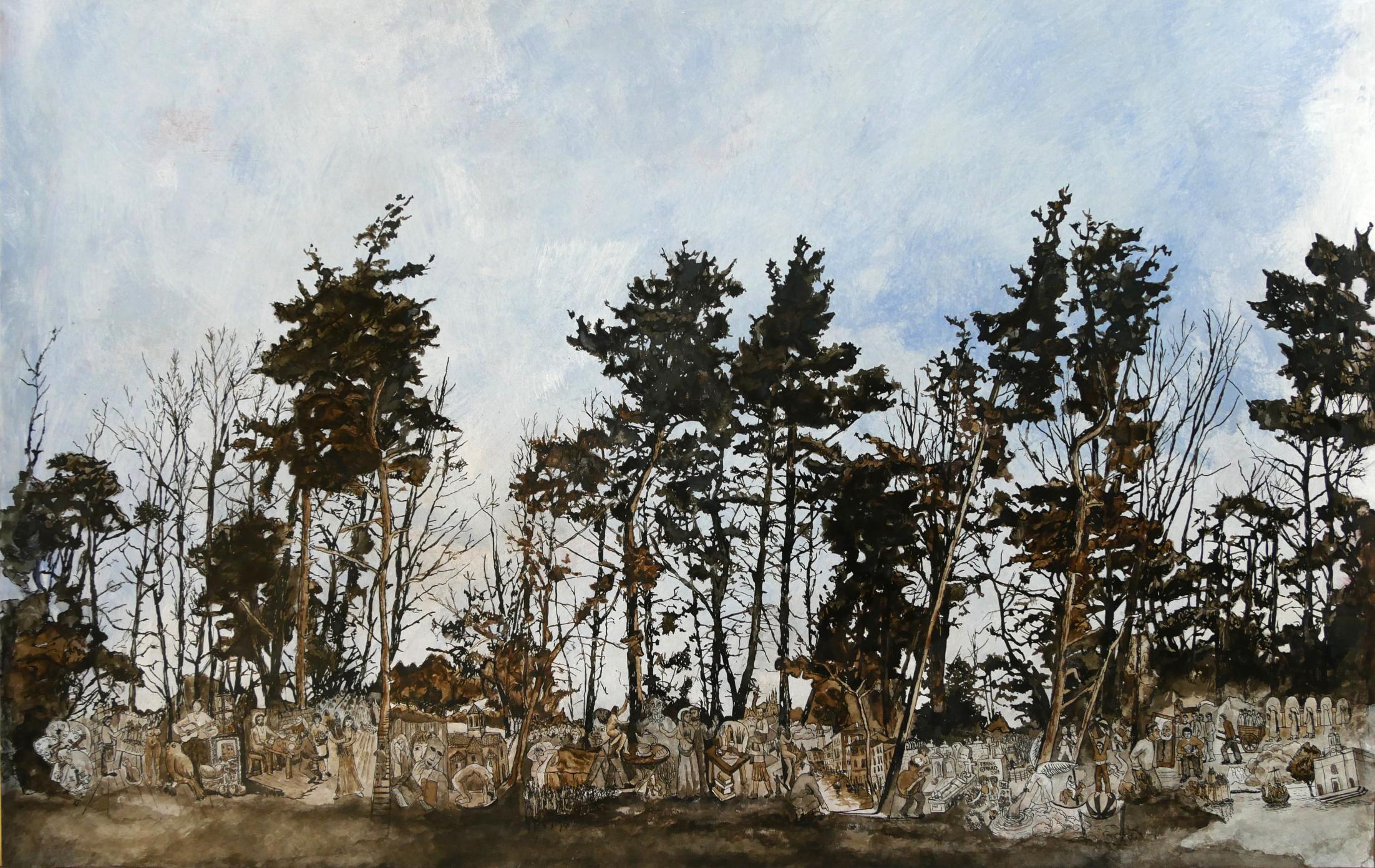 "We Two", Trees Inhabited by Human in Nature, Drawing with Pigments on Paper