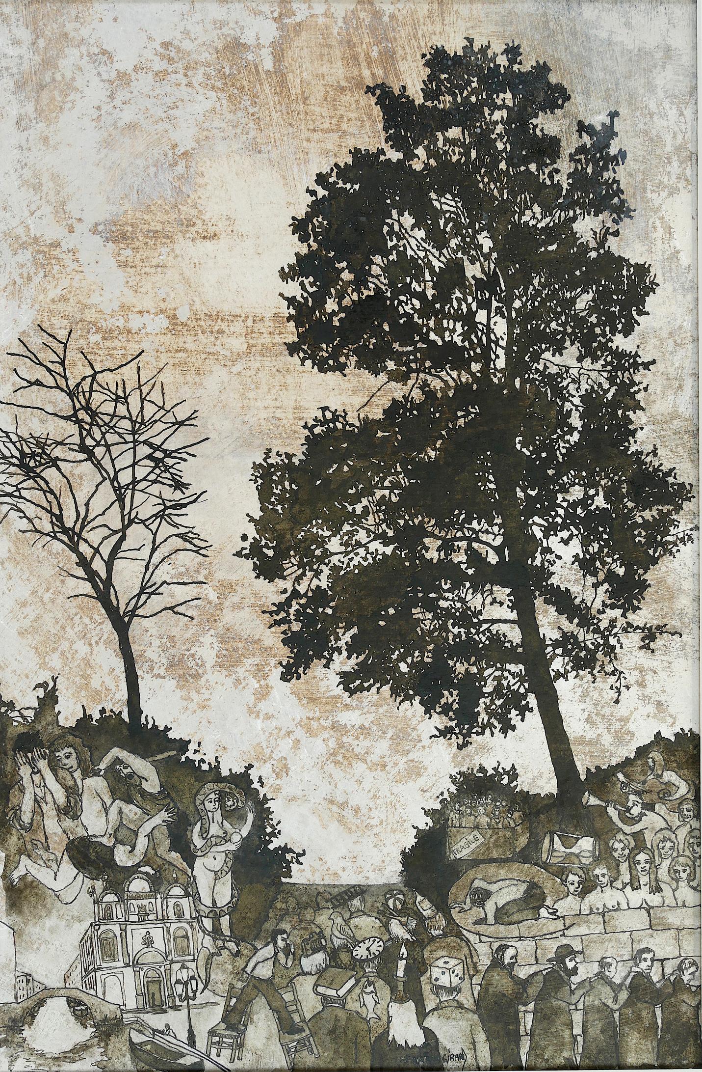 Frank Girard Figurative Art - "The Small Collar", Trees Inhabited by Human, Paper Drawing with Pigment Colors