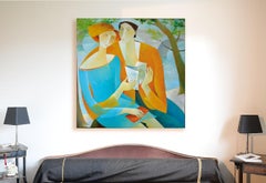 "Banks of Seine", Paris, Sensual Reading Couple, Blue Orange Figurative Painting