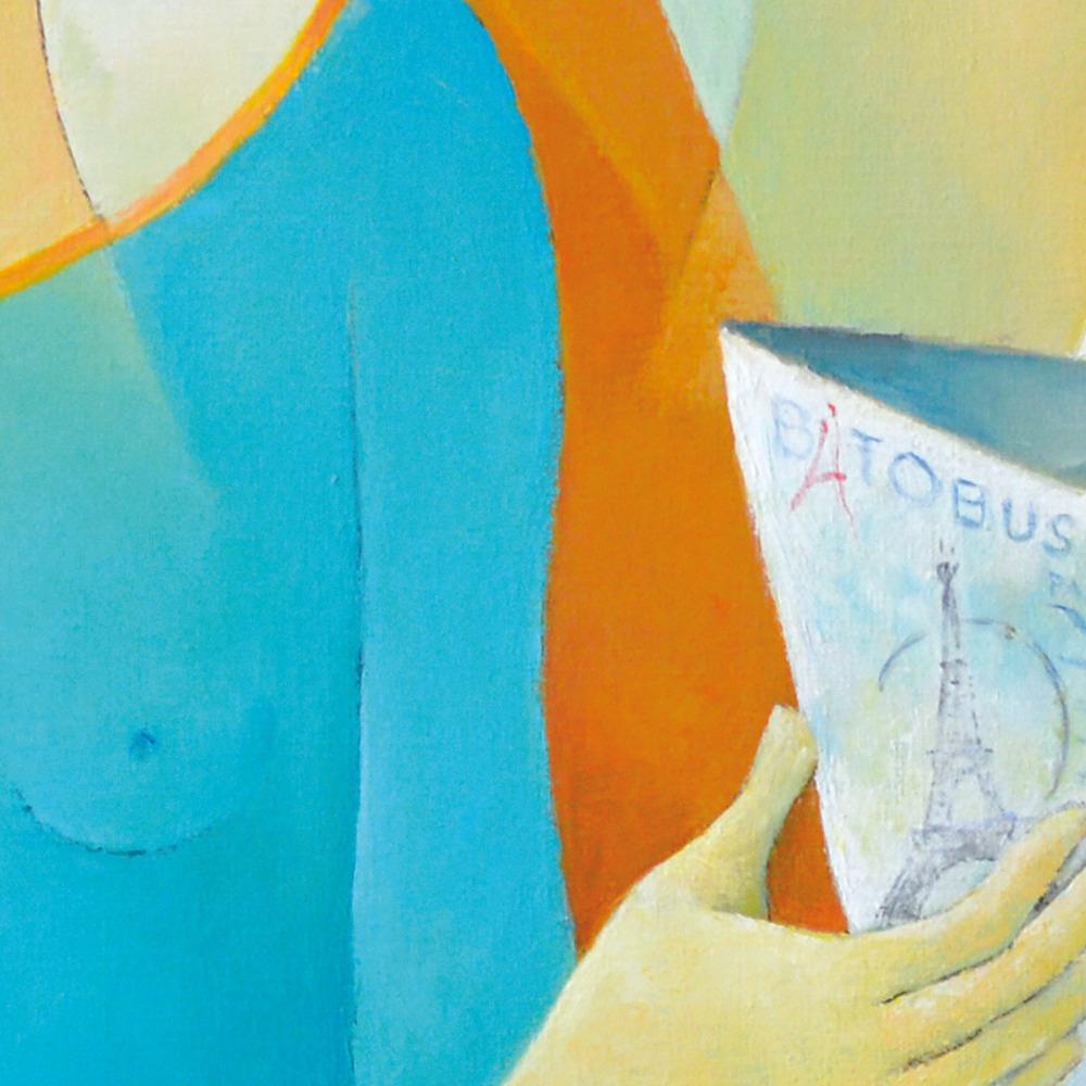 « Banks of Seine », Paris, lecture inhabituelle, peinture figurative bleu orange - Moderne Painting par Françoise Collandre