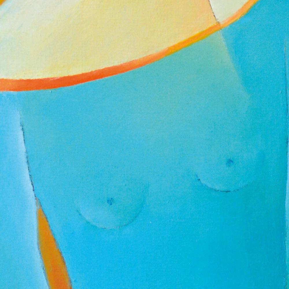 « Banks of Seine », Paris, lecture inhabituelle, peinture figurative bleu orange - Marron Figurative Painting par Françoise Collandre