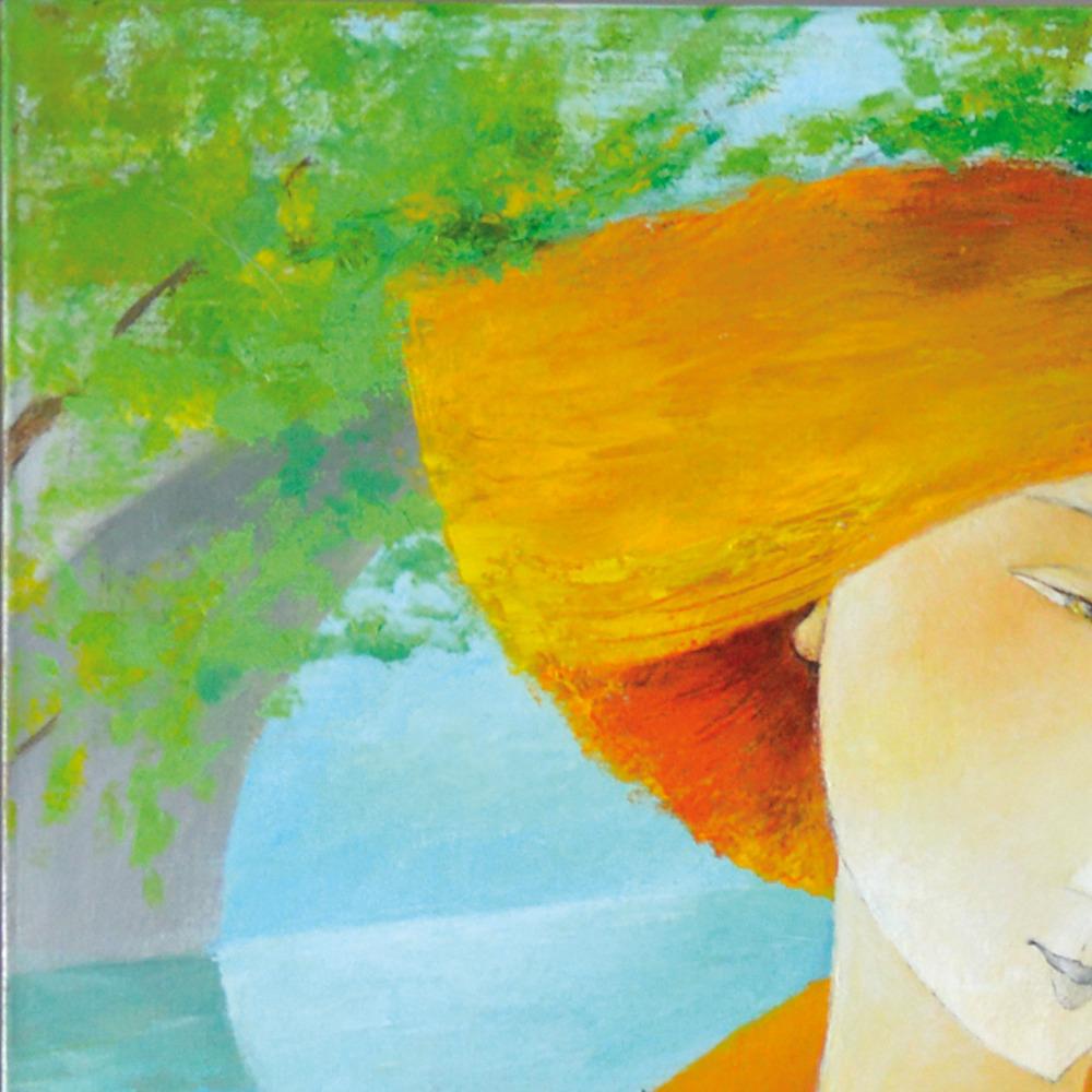« Banks of Seine », Paris, lecture inhabituelle, peinture figurative bleu orange 10