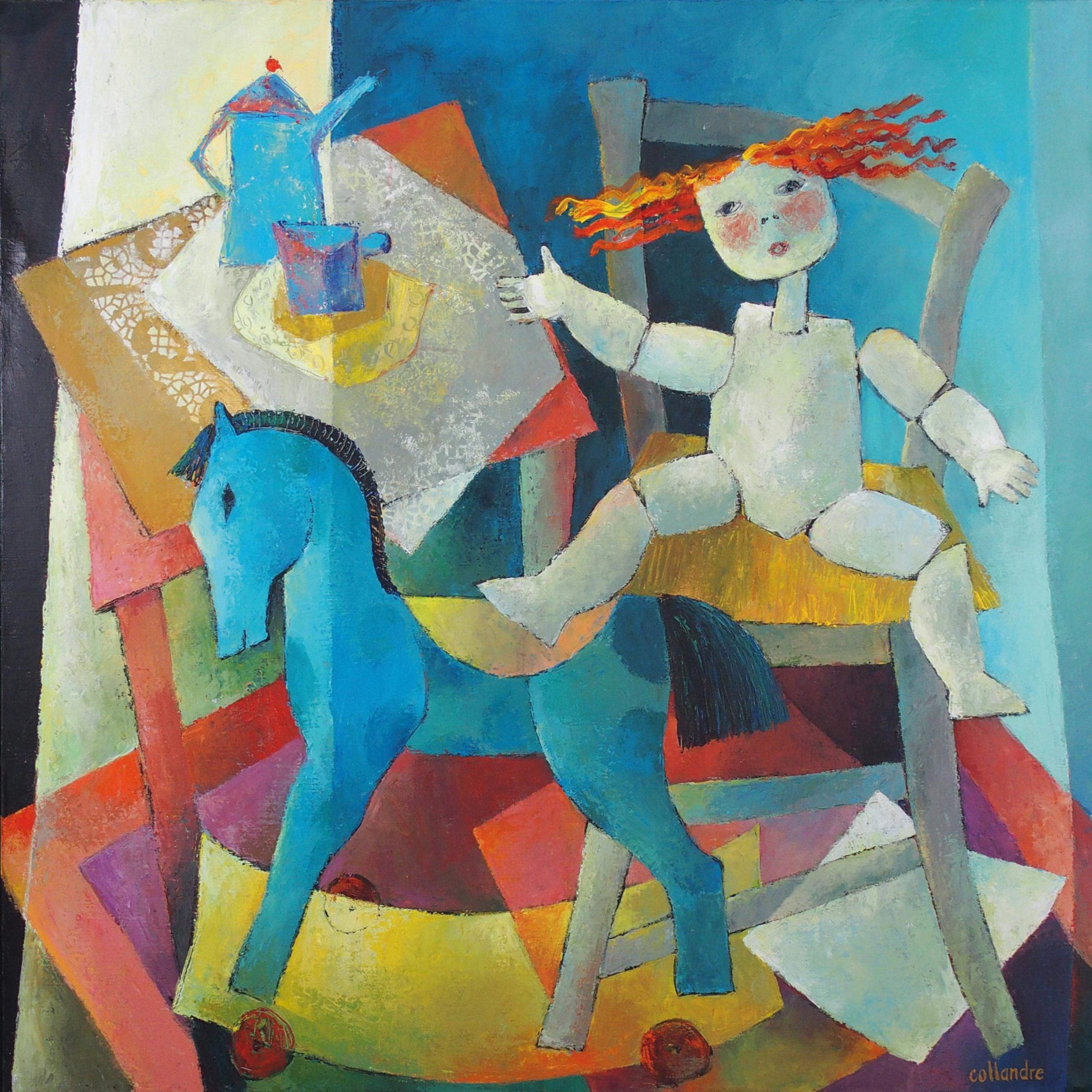 "Memory", Wood Marionette, Rocking Horse, Blue Orange Yellow Figurative Painting