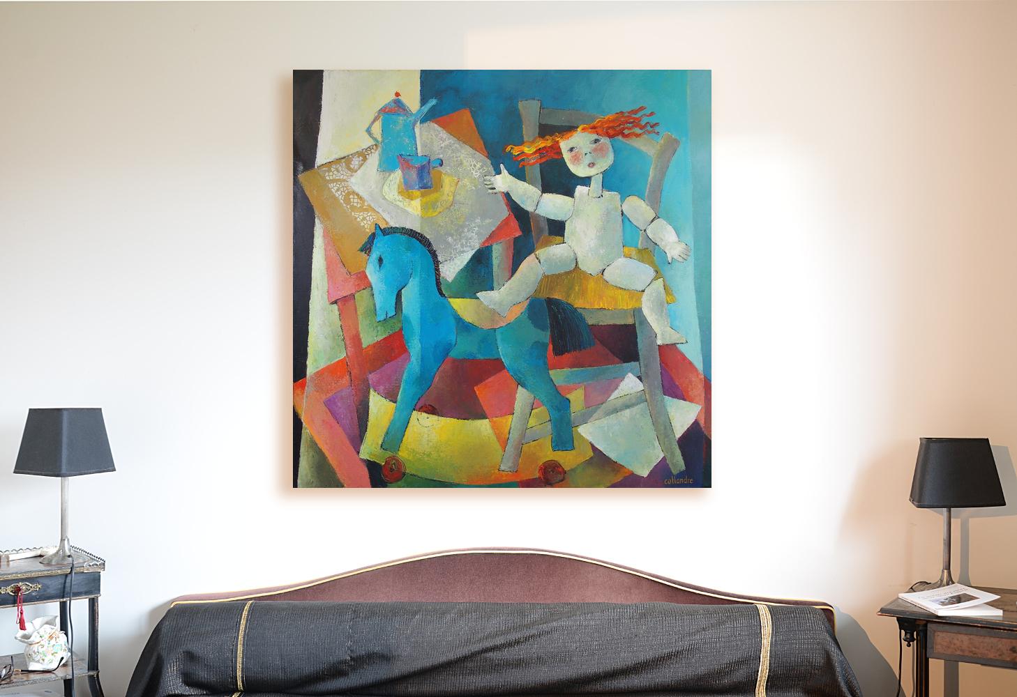 „ „Memory““, Holz Marionette, Schaukelpferd, blau-orange-gelbes figuratives Gemälde – Painting von Françoise Collandre