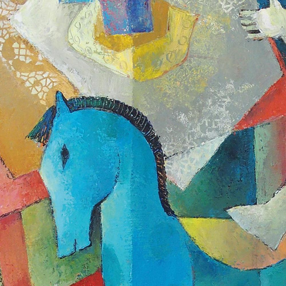 „ „Memory““, Holz Marionette, Schaukelpferd, blau-orange-gelbes figuratives Gemälde (Moderne), Painting, von Françoise Collandre