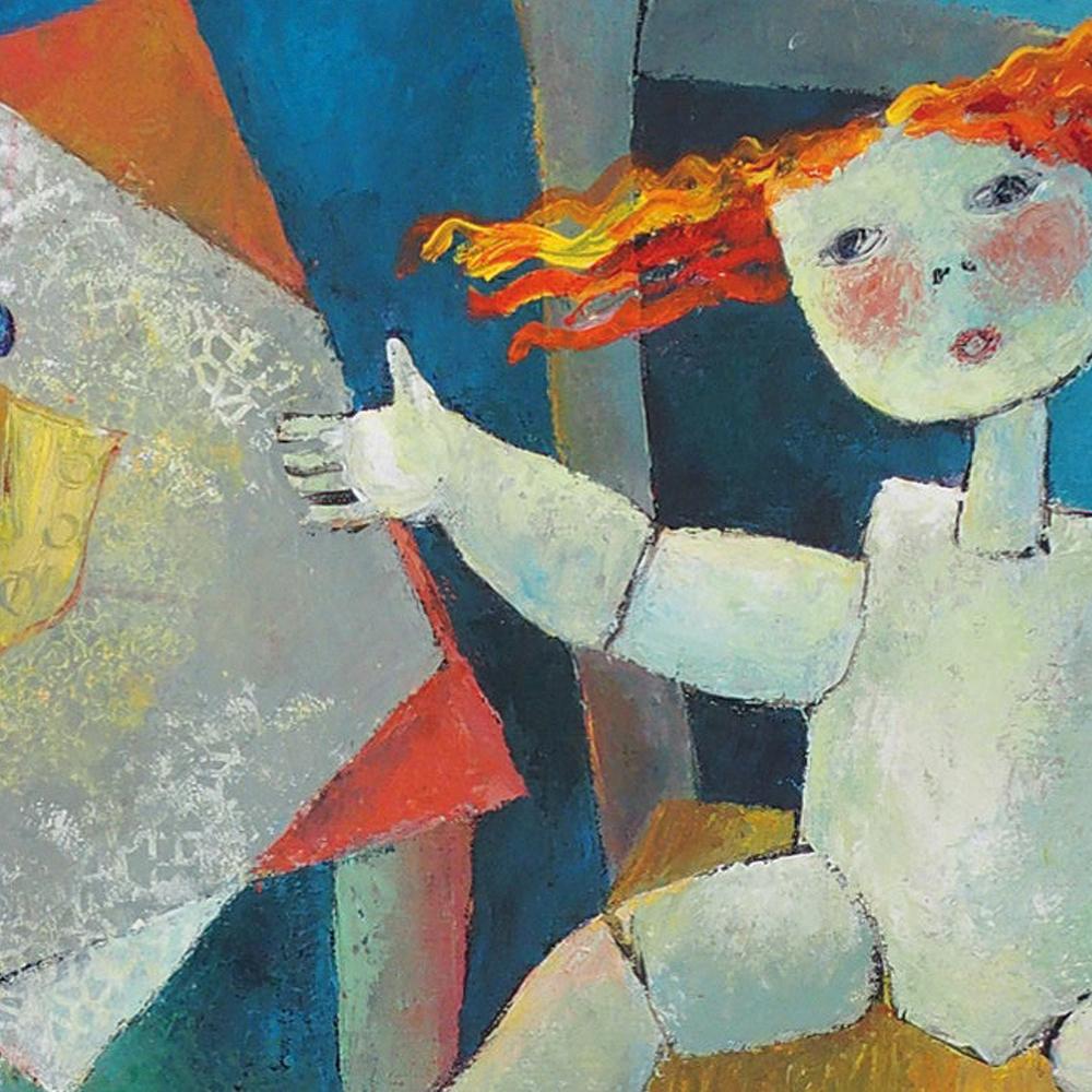 „ „Memory““, Holz Marionette, Schaukelpferd, blau-orange-gelbes figuratives Gemälde im Angebot 3