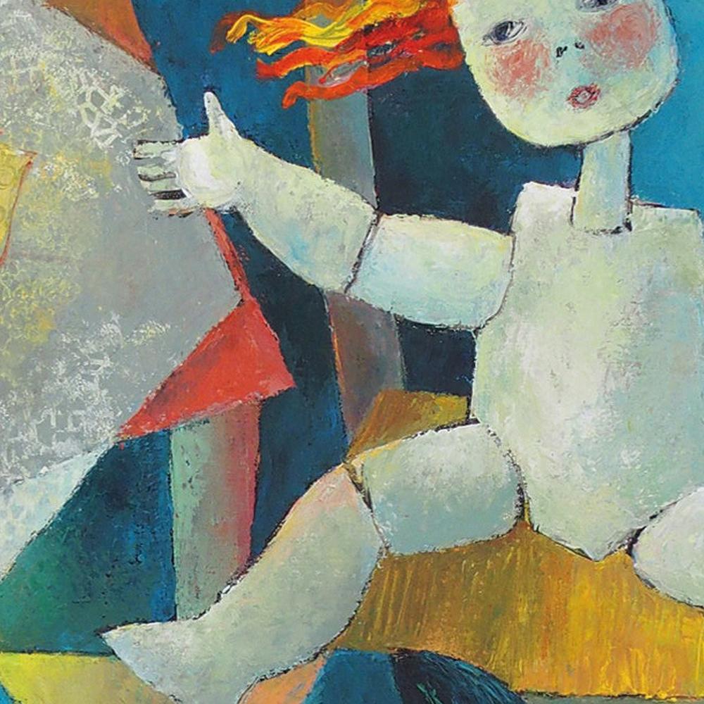 „ „Memory““, Holz Marionette, Schaukelpferd, blau-orange-gelbes figuratives Gemälde im Angebot 4