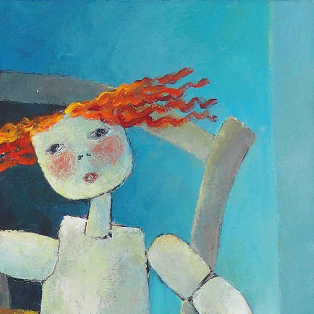 „ „Memory““, Holz Marionette, Schaukelpferd, blau-orange-gelbes figuratives Gemälde im Angebot 9