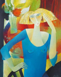 "Thoughtful", Blond Woman in Blue in front of a Bouquet Figurative Painting
