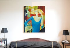 "Pensieroso", Donna bionda in blu davanti a un bouquet Pittura figurativa