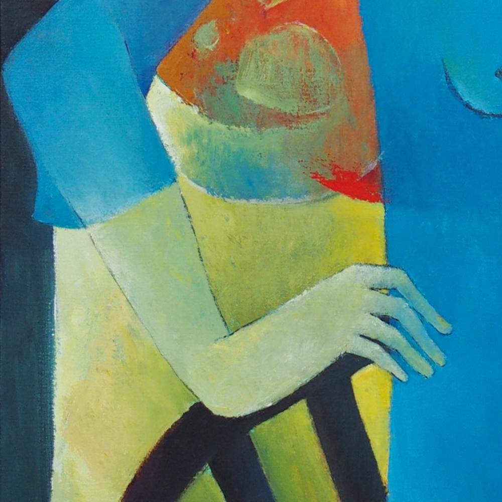 «ughtful », femme blonde en bleu devant une peinture figurative d'un bouquet en vente 8