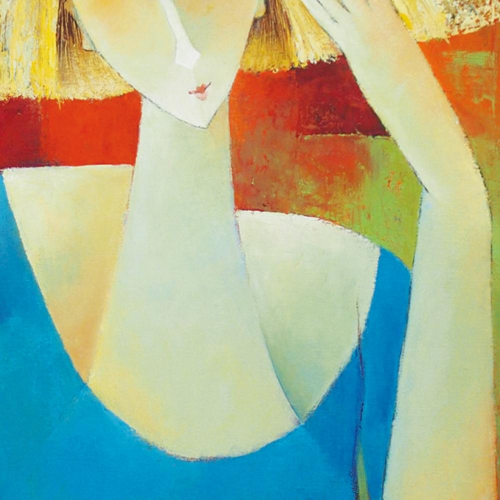 «ughtful », femme blonde en bleu devant une peinture figurative d'un bouquet en vente 4
