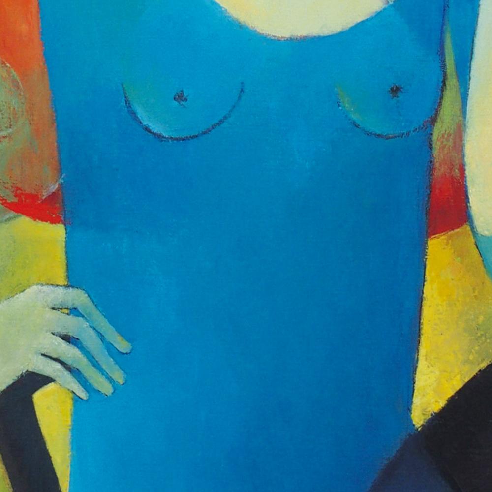 «ughtful », femme blonde en bleu devant une peinture figurative d'un bouquet en vente 6