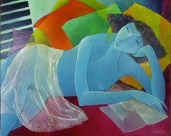 « The Day Rises », peinture figurative d'une femme nue allongée dans un tissu transparent