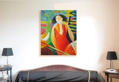 "I announce the Spring", White Bird Facing Woman in Red, Figurative Painting