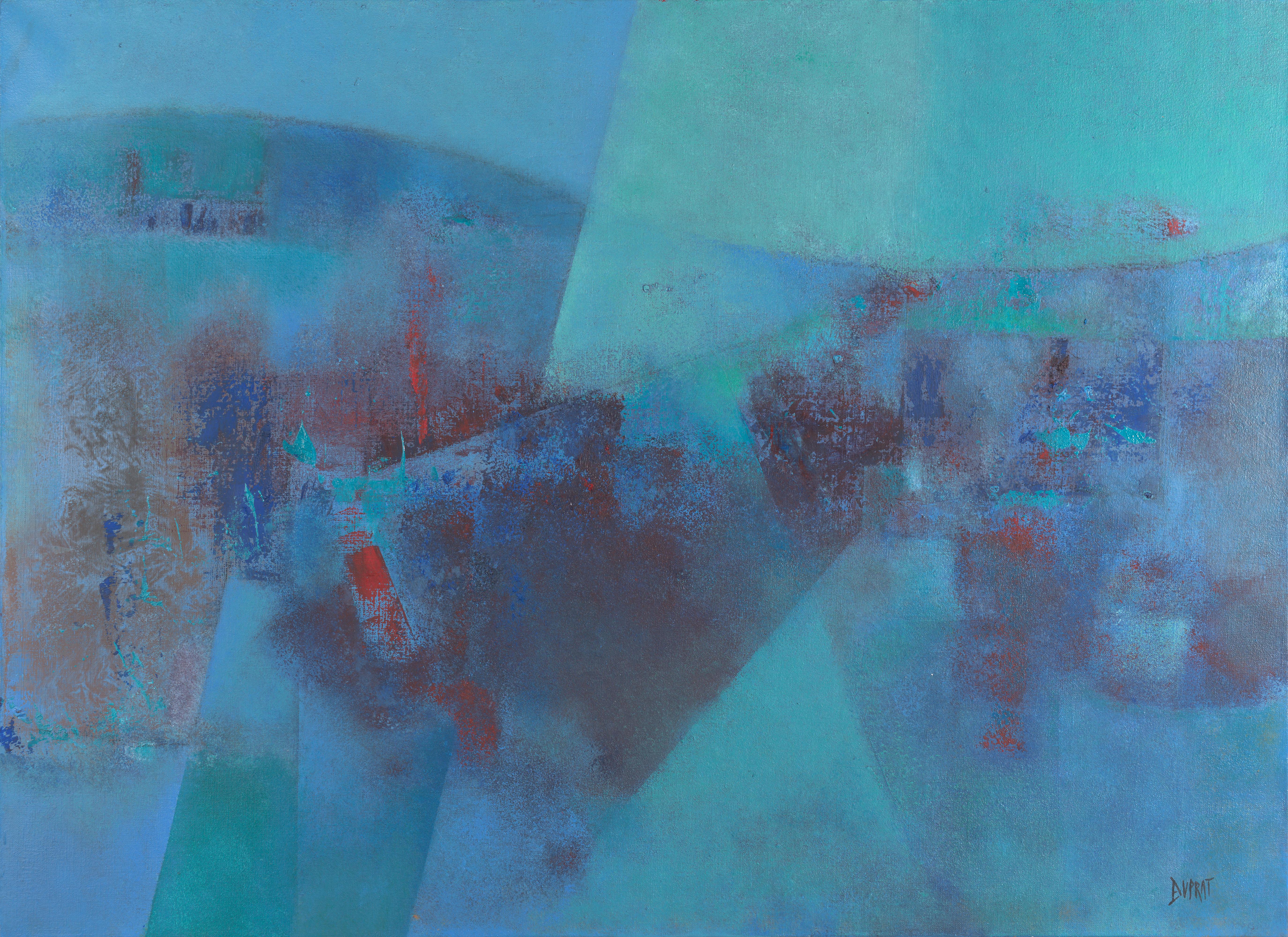 "Here & There", Peinture à l'huile abstraite de paysage marin, turquoise et touches rouges