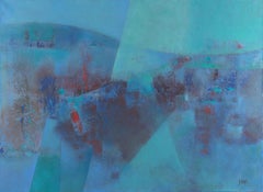 "Qui e là", pittura ad olio astratta del paesaggio marino con tocchi di turchese e rosso