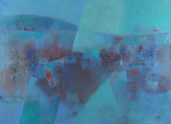 "Here & There", Abstract Marine Landscape Turquoise & Red Touch Oil Painting