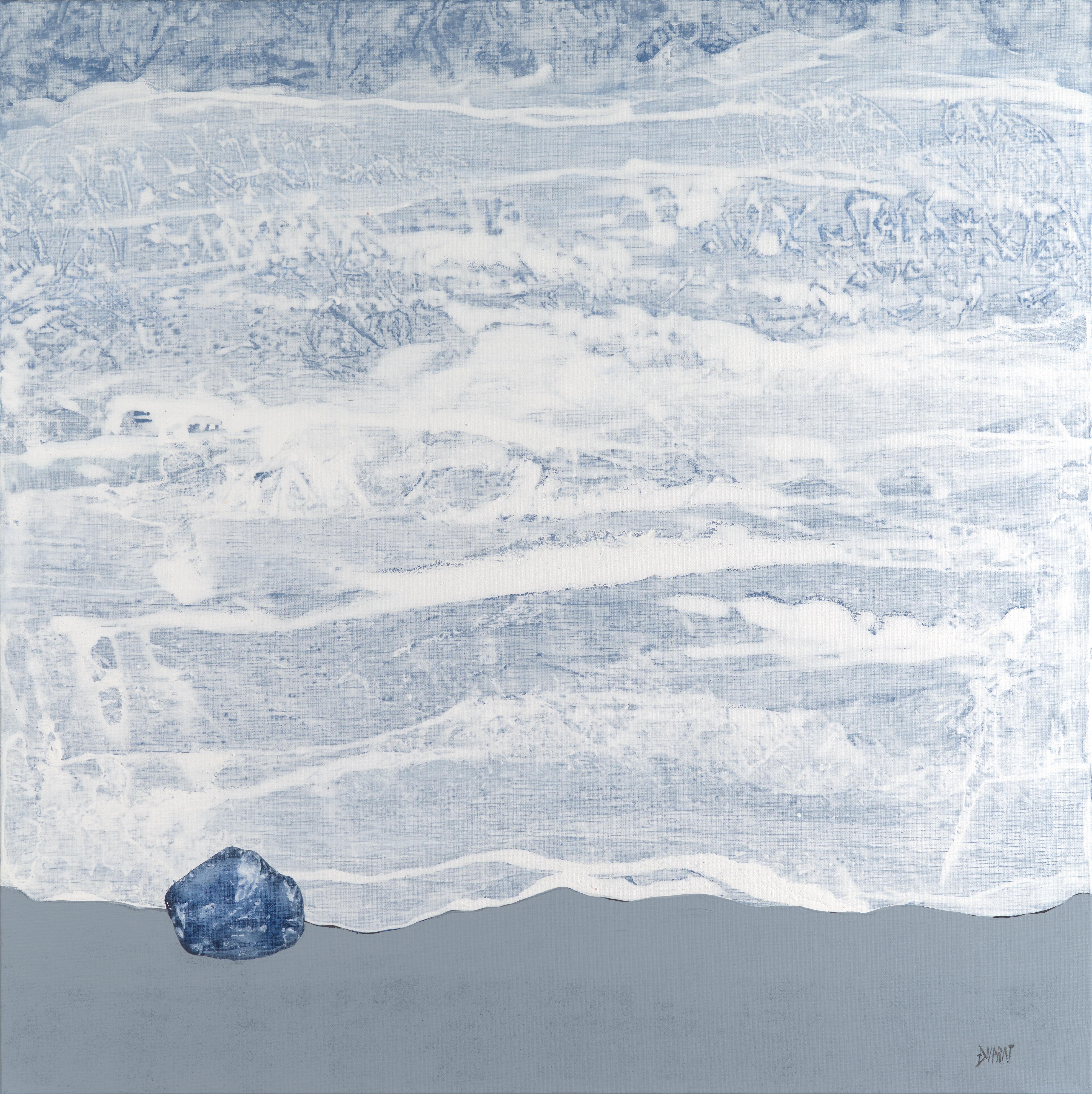 Abstract Painting Françoise Duprat - "Blue Pebble", peinture acrylique abstraite grise et blanche de paysage marin