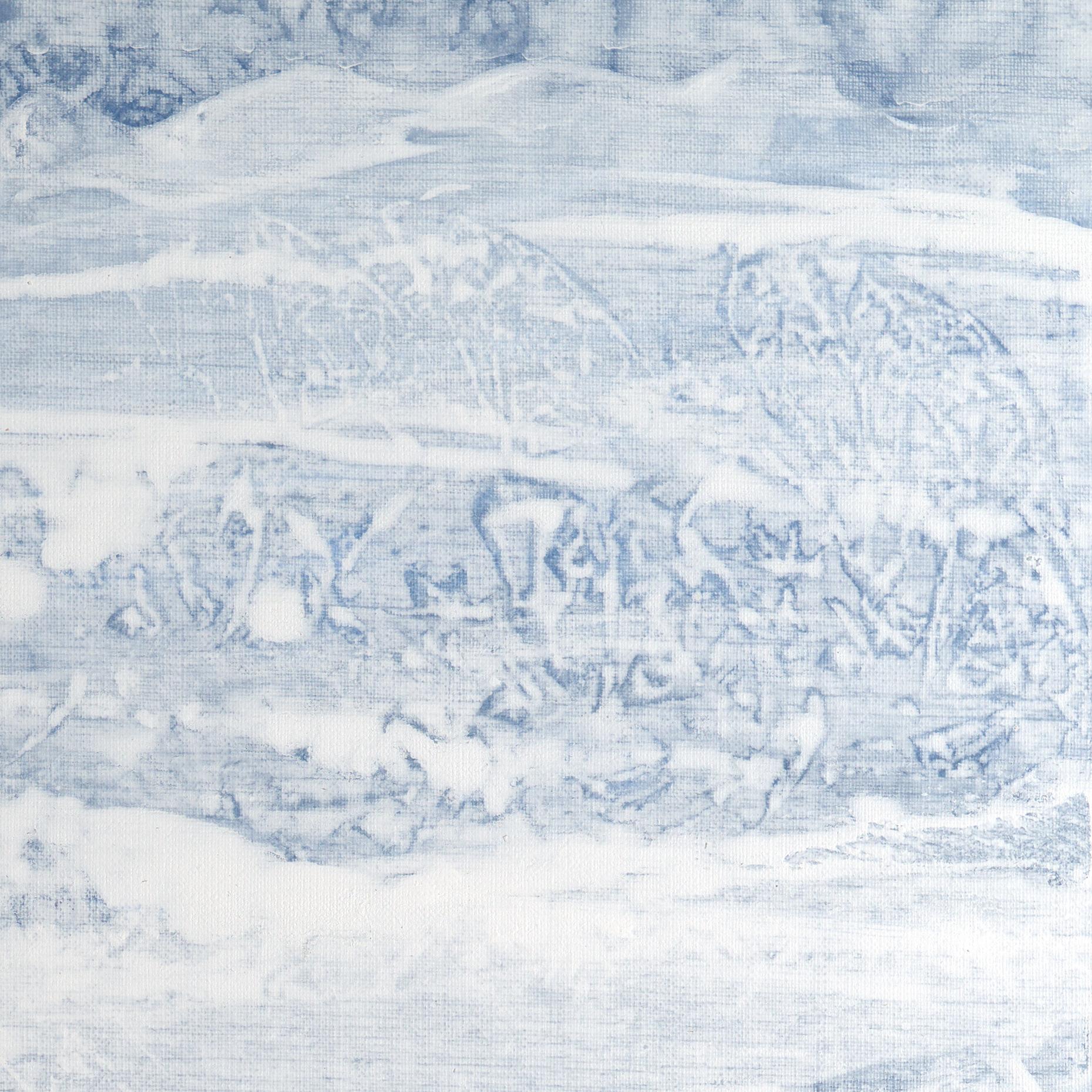 Cette œuvre d'art abstraite de l'artiste Françoise Duprat représente un galet bleu placé dans un paysage marin minimaliste gris-blanc. Dans sa première carrière, Françoise a surtout peint des œuvres figuratives et symbolistes, et dans sa période