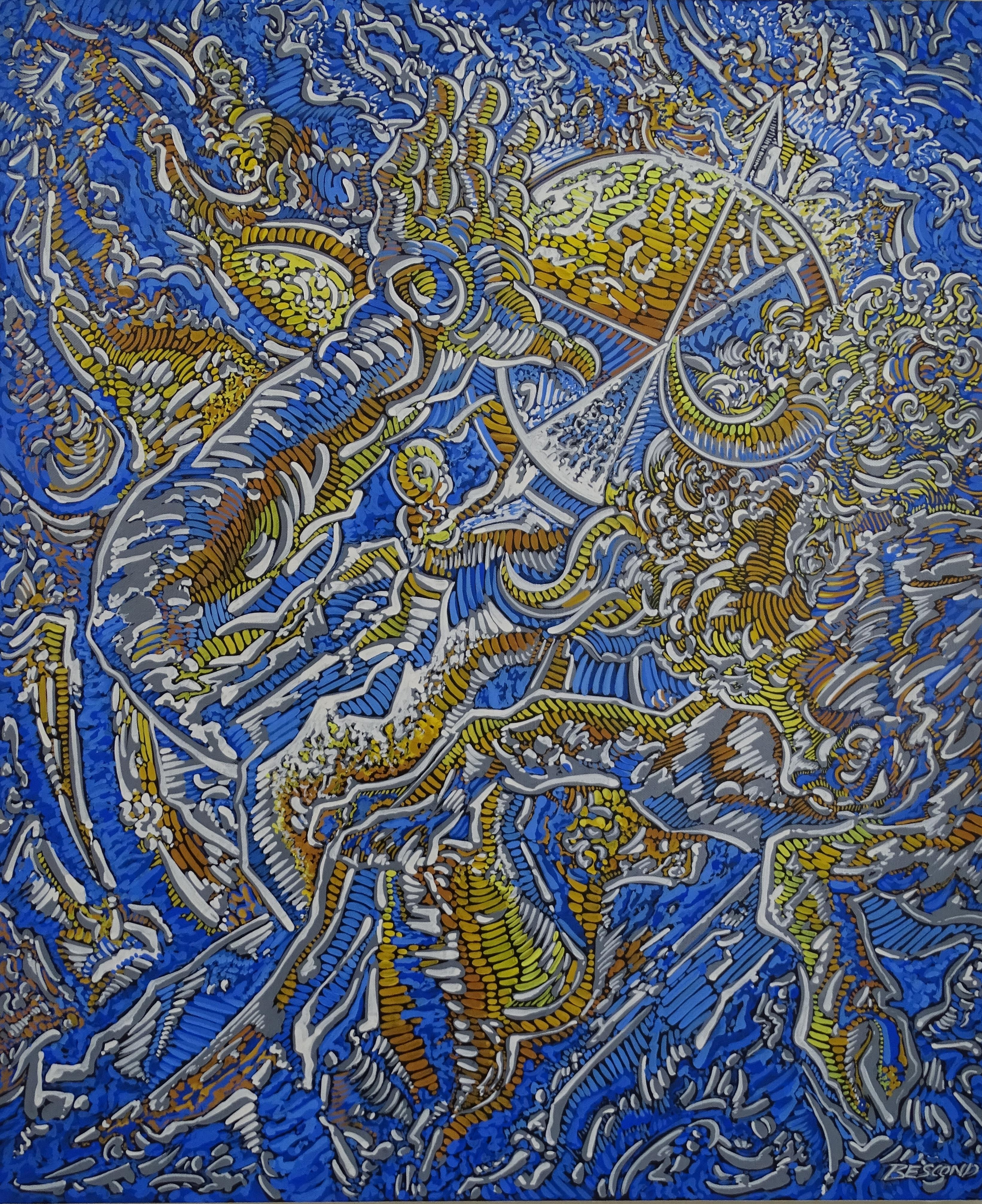 "Labyrinthine paths", Charging Minotaur Daedalus Mythological Acrylic Painting