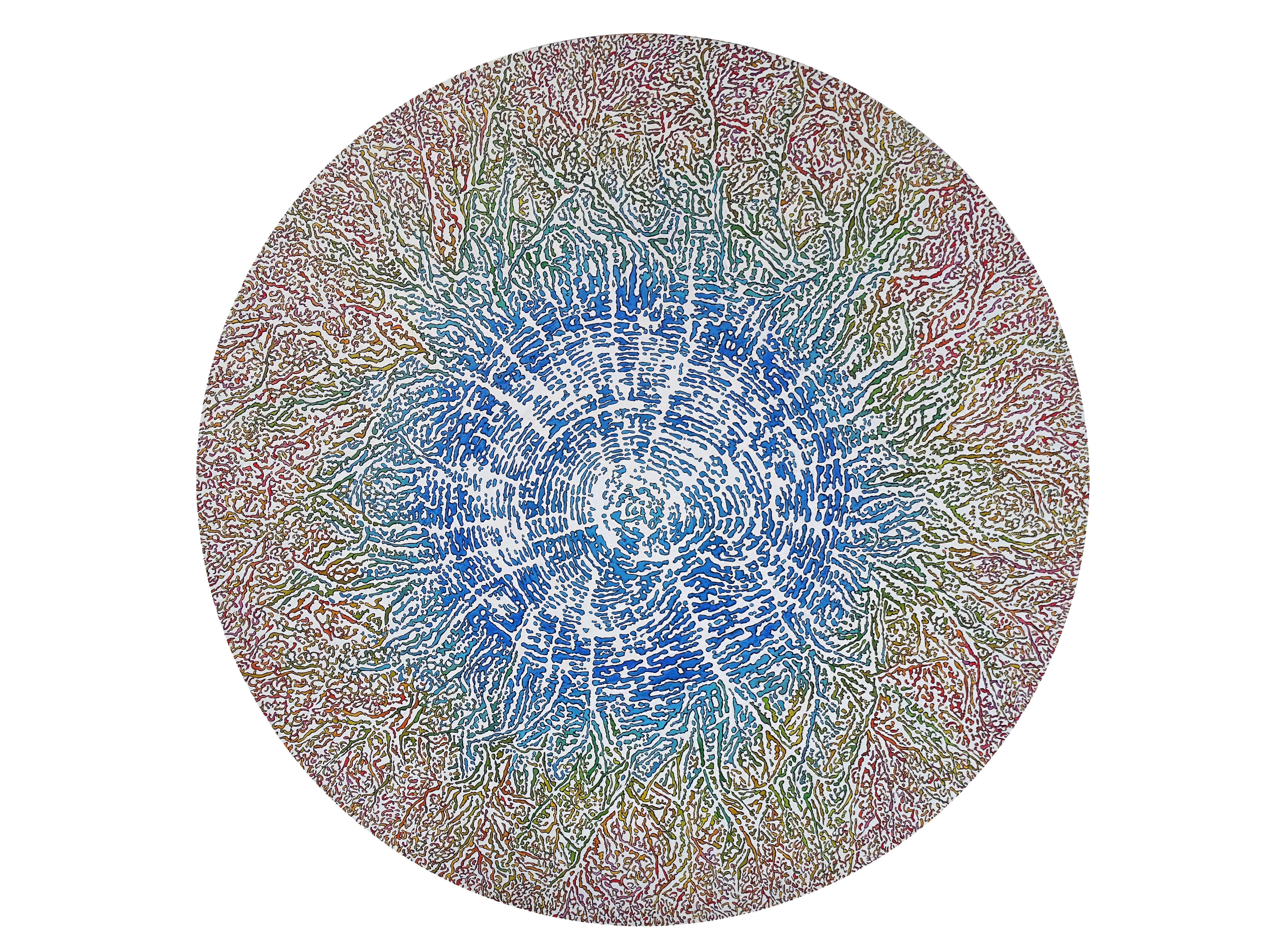 "Growing", Blue Concentric to Red Radial Ways Circular Abstract Acrylic Painting