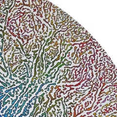 Peinture abstraite circulaire à l'acrylique « Growing », du bleu concentrique au rouge radial