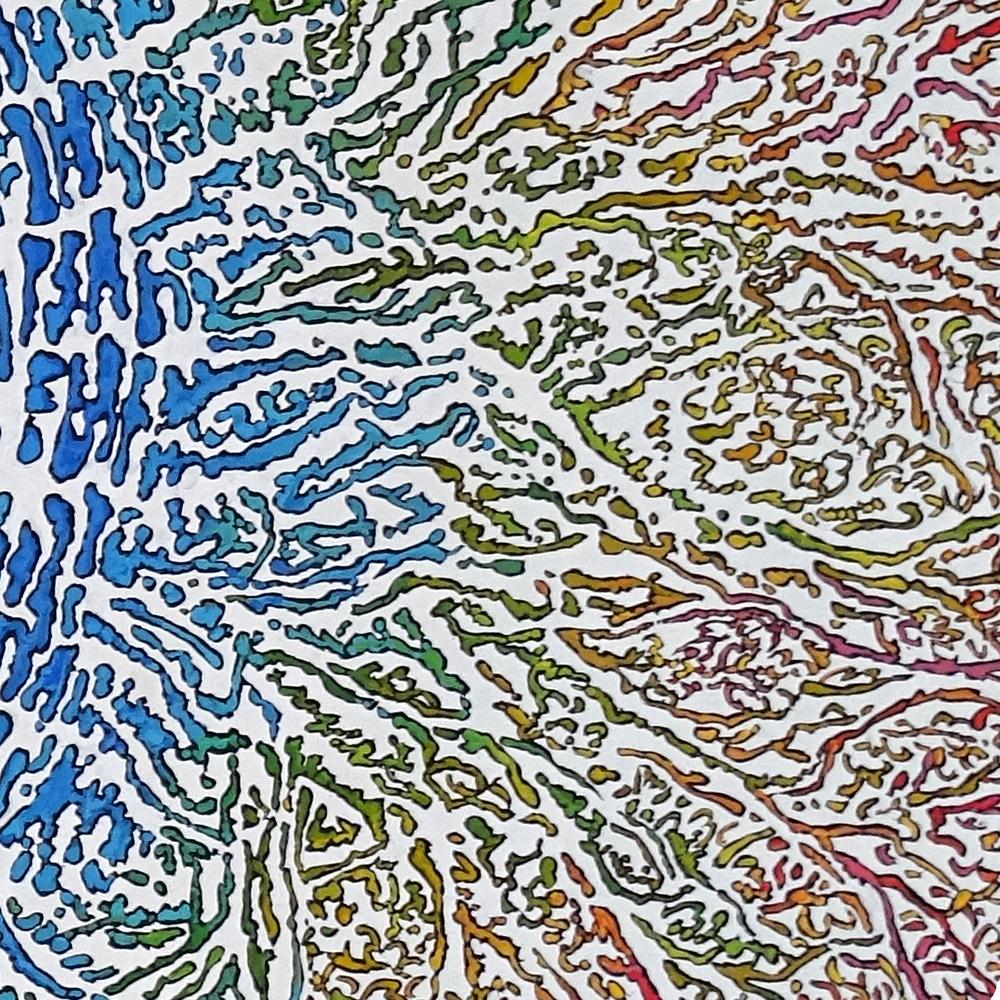 „ „Groben““, abstraktes Acrylgemälde in Blau, konzentrisch auf rote Radiallinien, kreisförmig (Sonstige Kunststile), Painting, von Béatrice Bescond