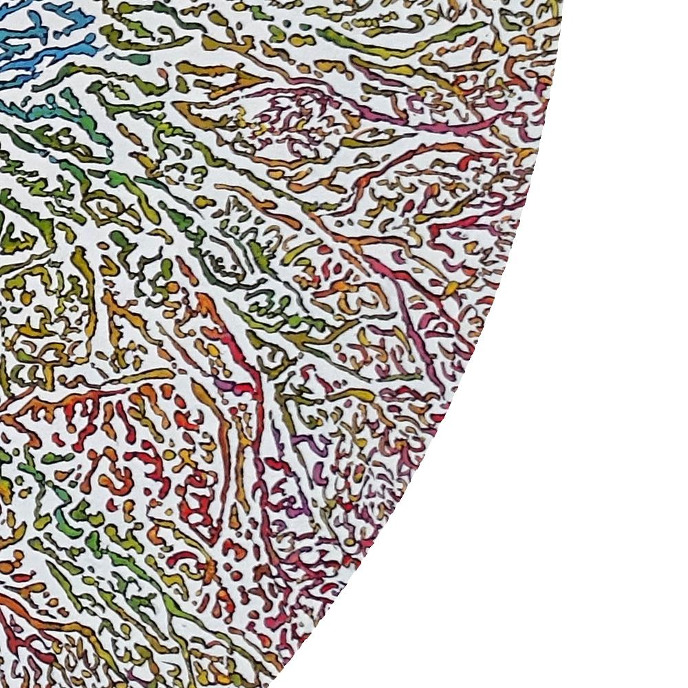 „ „Groben““, abstraktes Acrylgemälde in Blau, konzentrisch auf rote Radiallinien, kreisförmig (Grau), Abstract Painting, von Béatrice Bescond