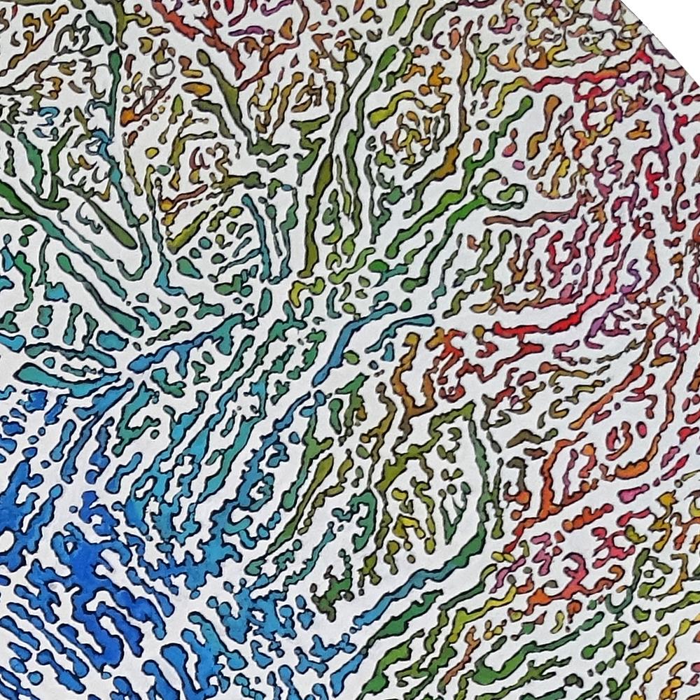 „ „Groben““, abstraktes Acrylgemälde in Blau, konzentrisch auf rote Radiallinien, kreisförmig im Angebot 1