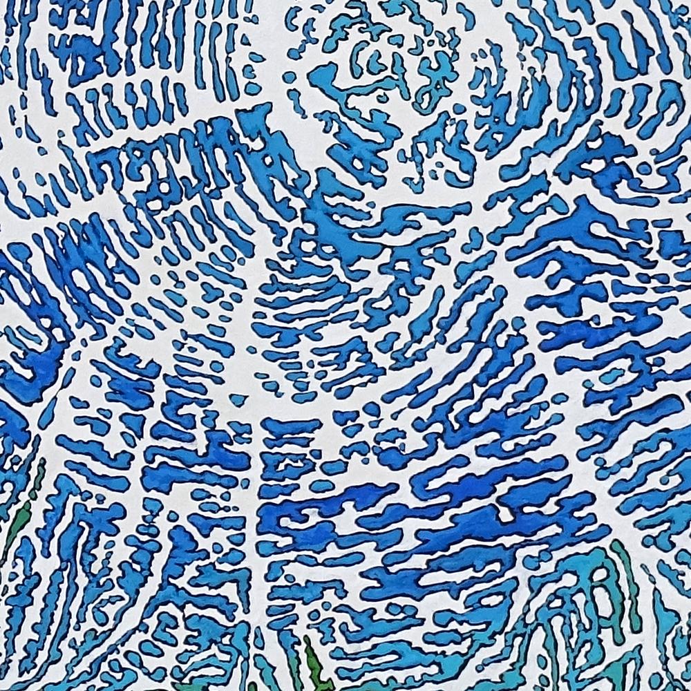 „ „Groben““, abstraktes Acrylgemälde in Blau, konzentrisch auf rote Radiallinien, kreisförmig im Angebot 4
