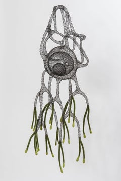 "Saghiaki", Transparent Airy Handmade Metal Wire and Wool Pendant Mesh Sculpture