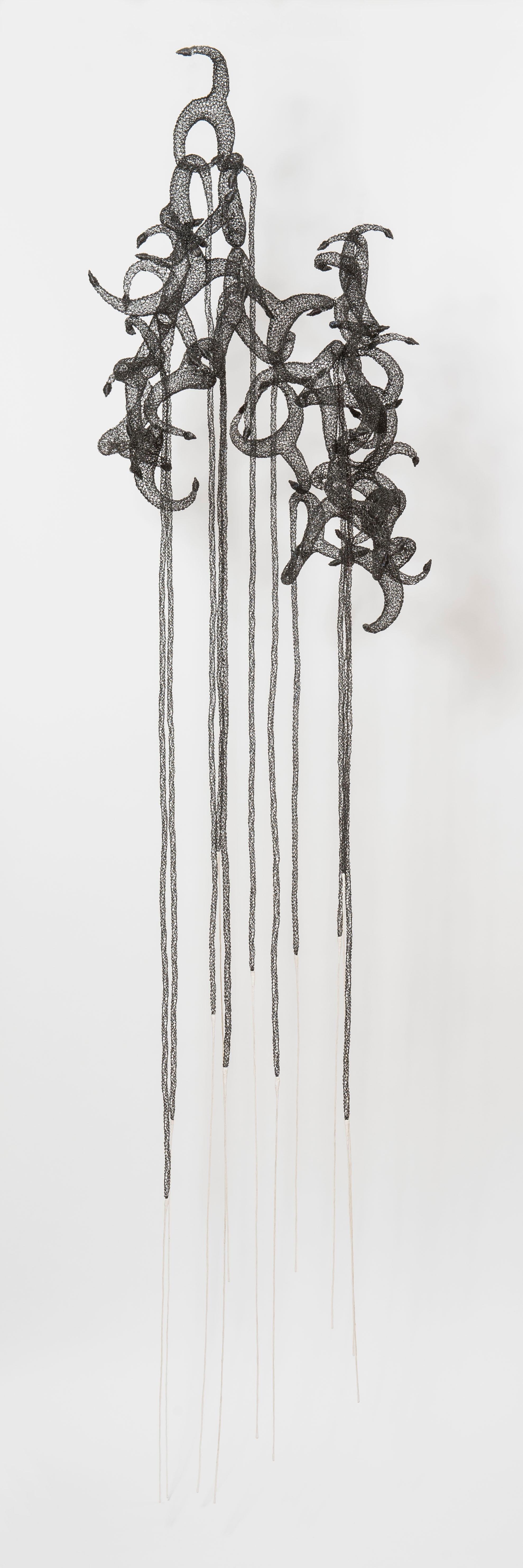 Delphine Grandvaux Abstract Sculpture - "Cumulonimbus", Tall Transparent Handmade Airy Metal Wire Mesh Pendant Sculpture