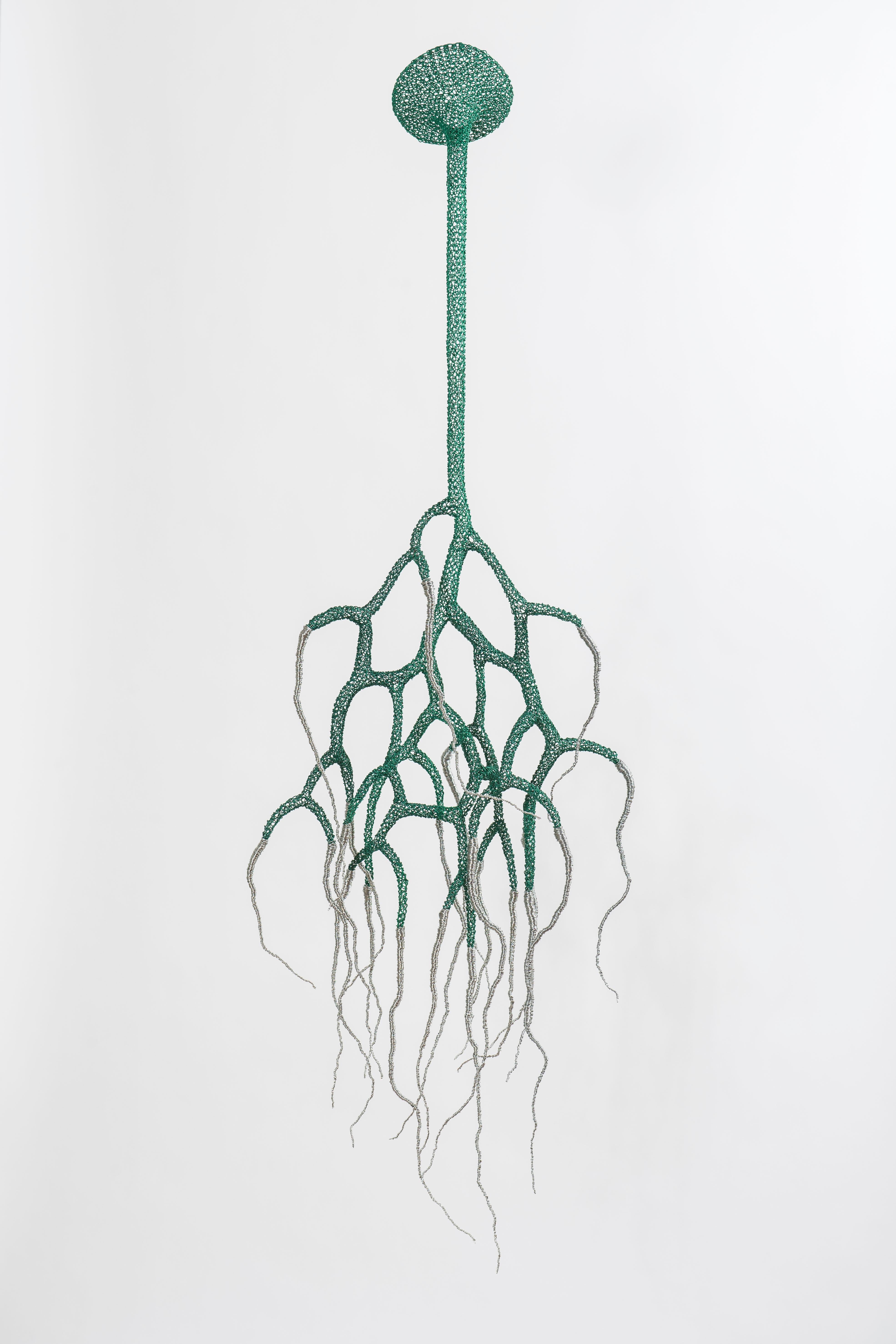 Delphine Grandvaux Figurative Sculpture - "Root", Transparent Handmade Airy Green Metal Wire Mesh Pendant Mural Sculpture