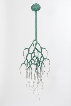 "Root", Transparent Handmade Airy Green Metal Wire Mesh Pendant Mural Sculpture