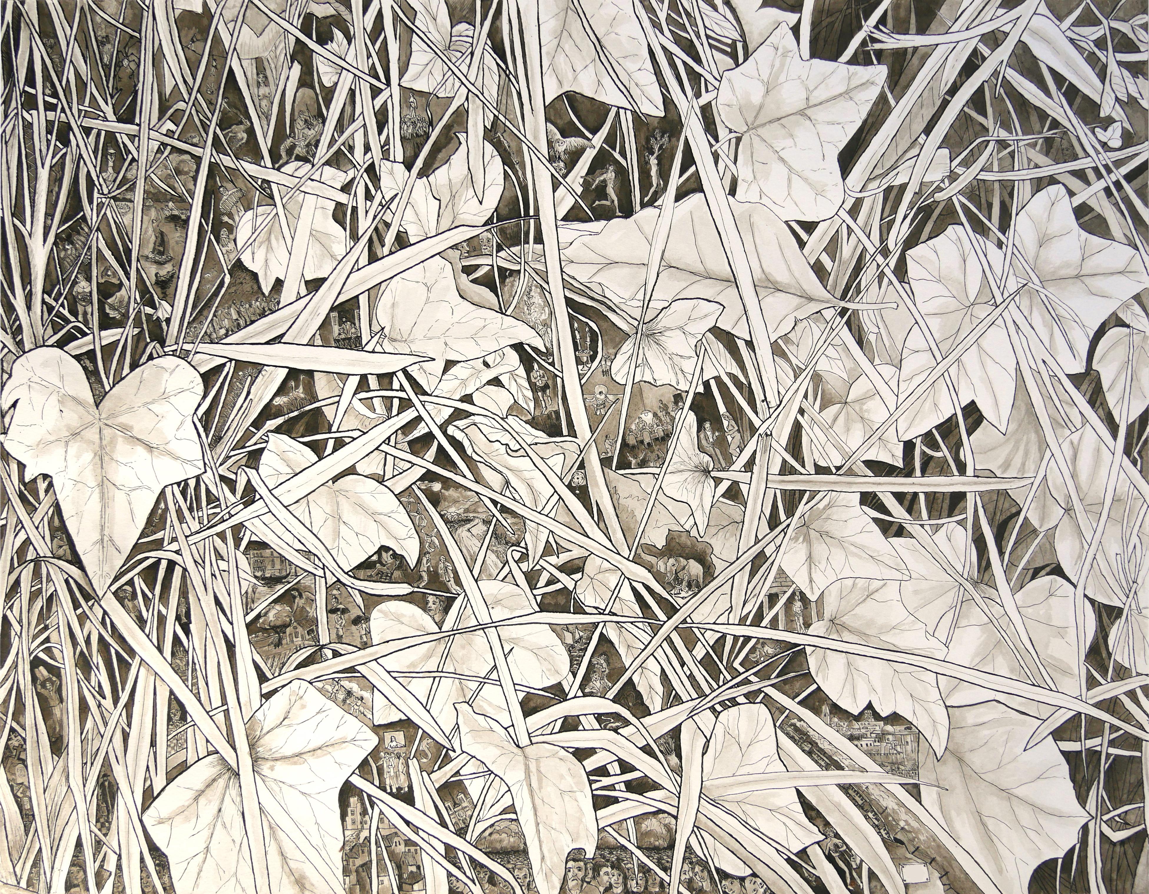 Frank Girard Landscape Art - "Edge of the Path", Grass Inhabited by Human, Chinese Ink and Wash Drawing 