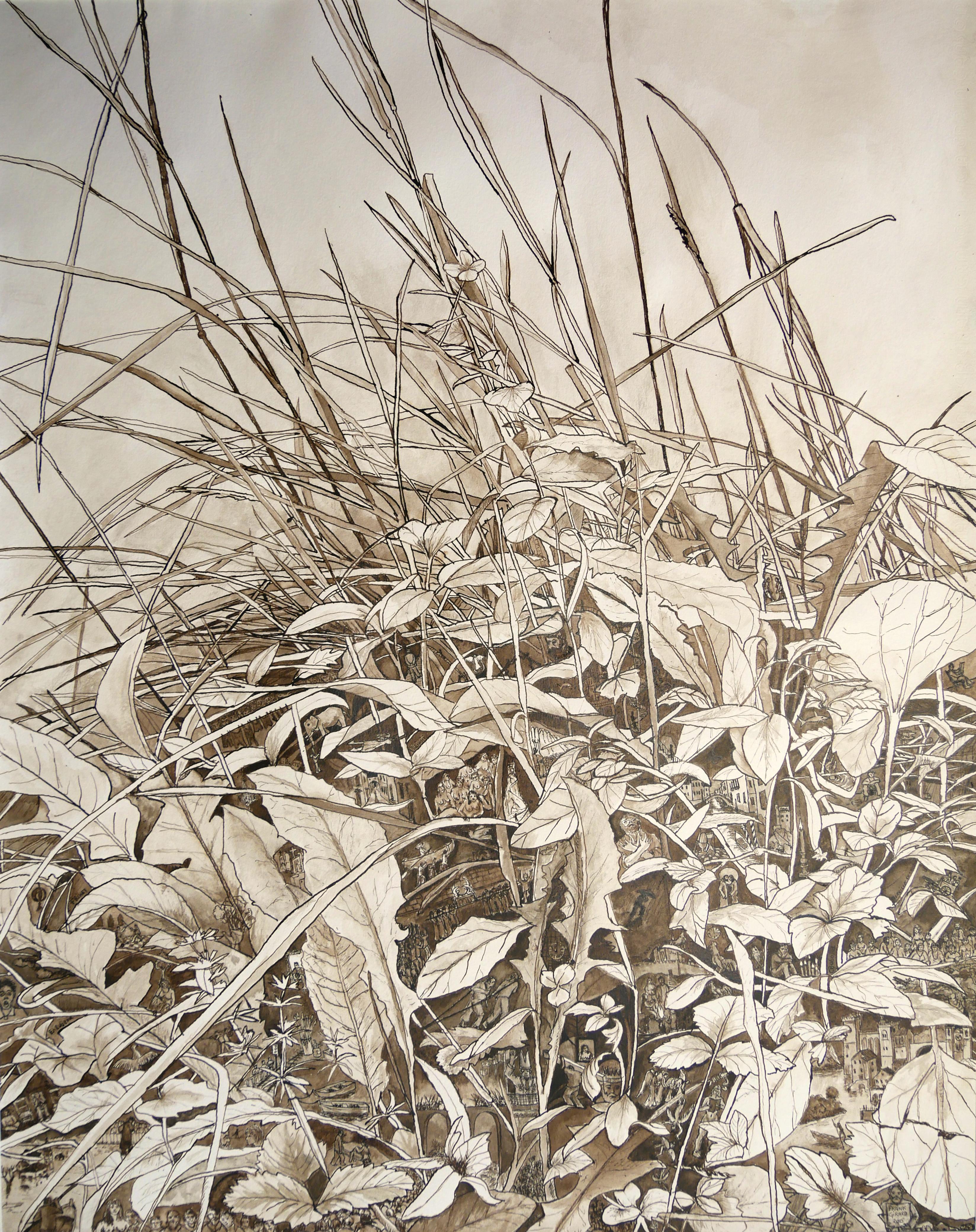 Frank Girard Figurative Art - "Wind in the Grass" Inhabited by Human, Chinese Ink and Wash Drawing on Paper 