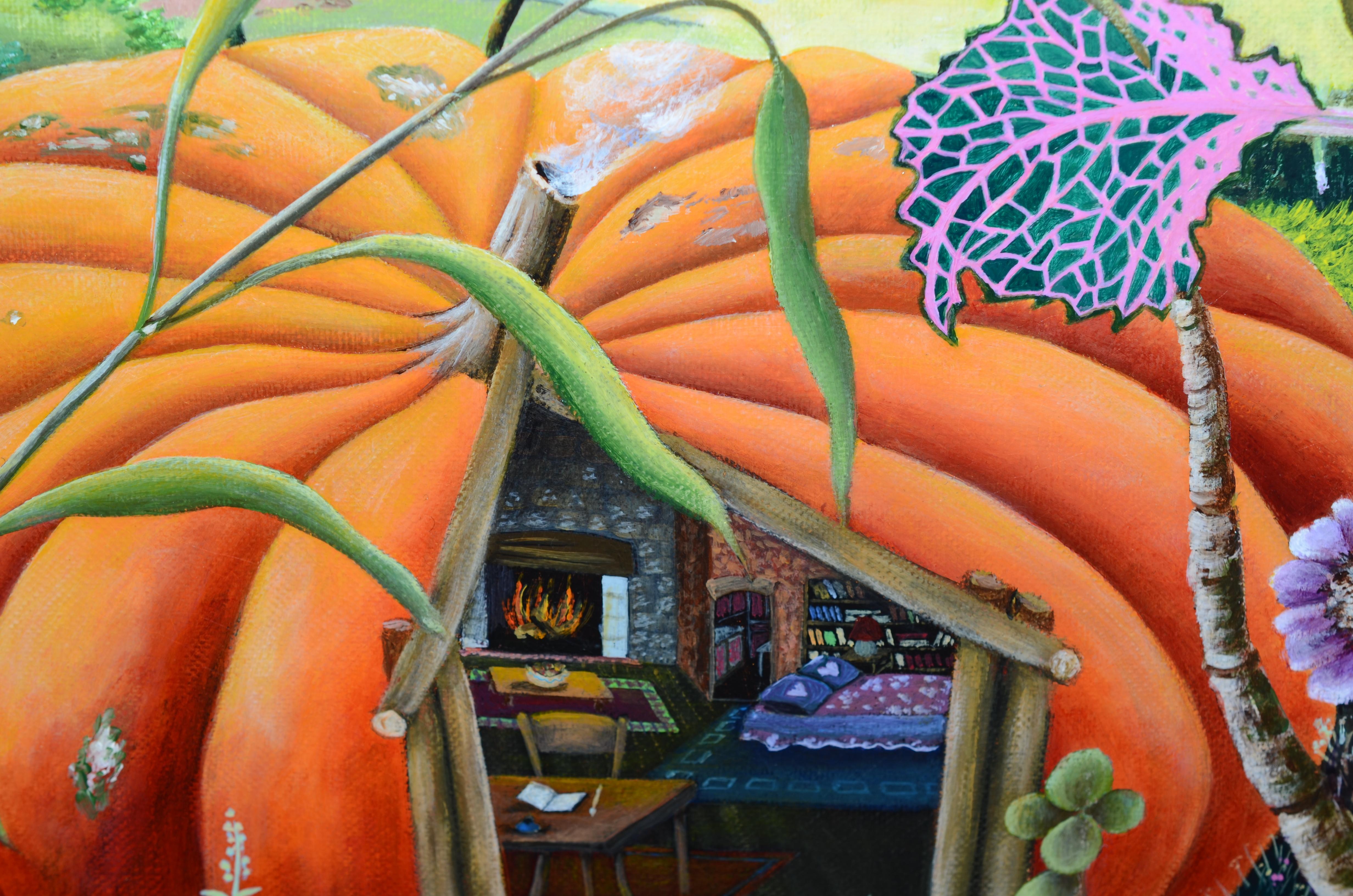 „My Home“, Cozy Pumpkin House in the Garden, naives/Primitivistisches Acrylgemälde im Angebot 1
