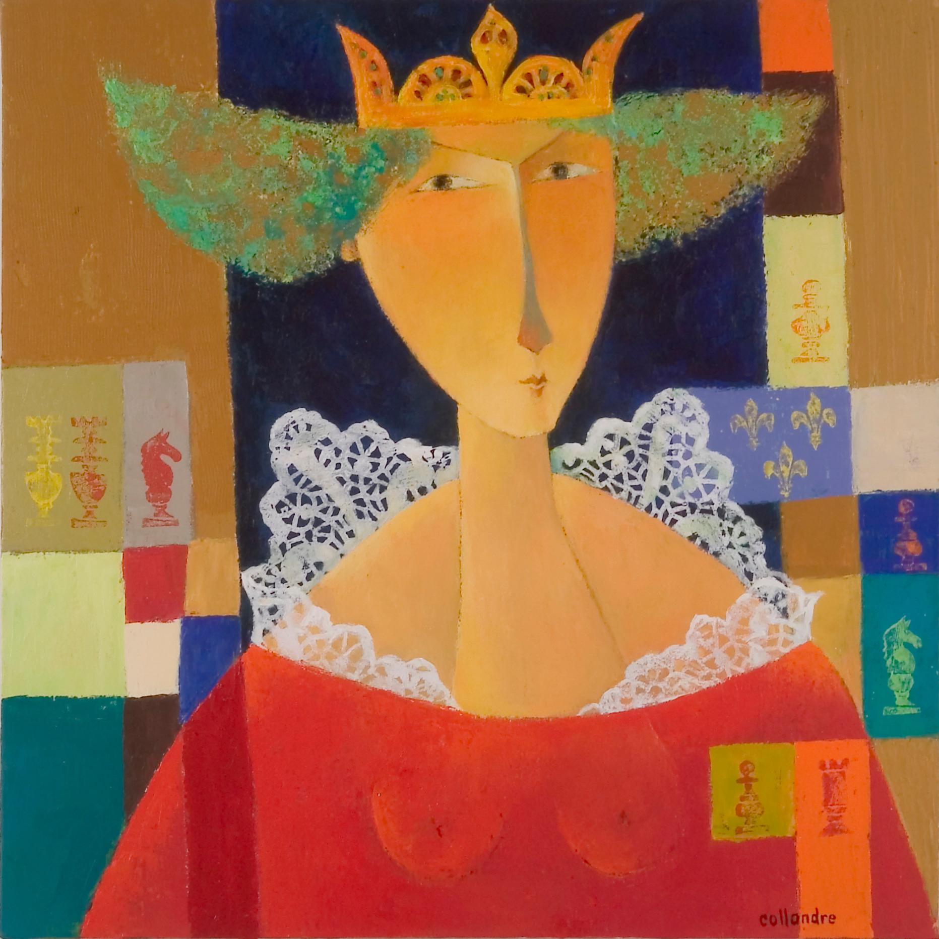Françoise Collandre Portrait Painting - "Chess — The Queen", Crowned Woman in Red with Ruff, Figurative Acrylic Painting