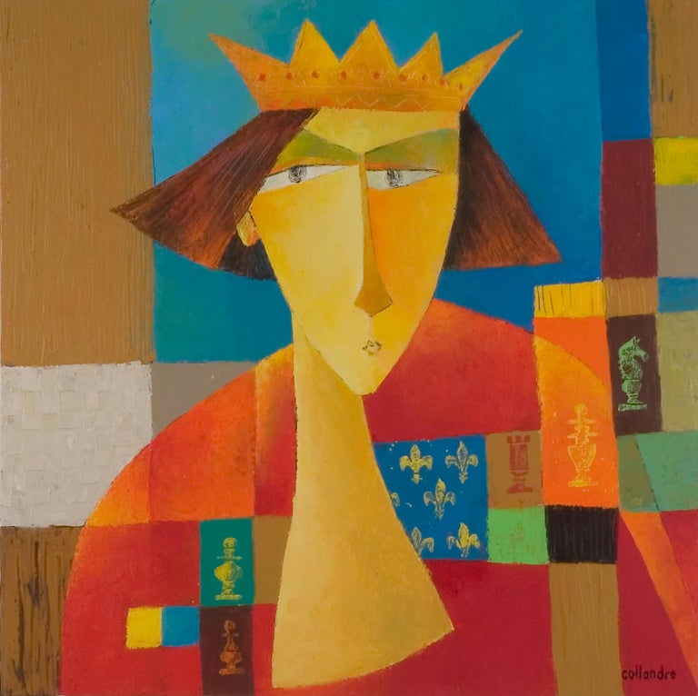 Françoise Collandre Figurative Painting - "Chess — The King", Crowned Man in Red on Patchwork, Figurative Acrylic Painting