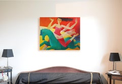 "The Small Horsewoman", Girl in Red on a Green Horse Figurative Acrylic Painting