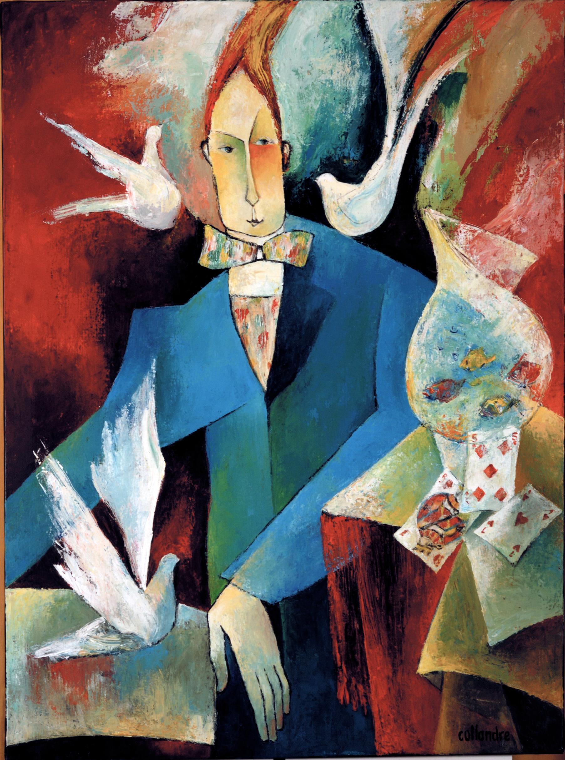 Portrait Painting Françoise Collandre - "The Prestidigitator", Peinture figurative à l'acrylique - Man with Doves and Cards