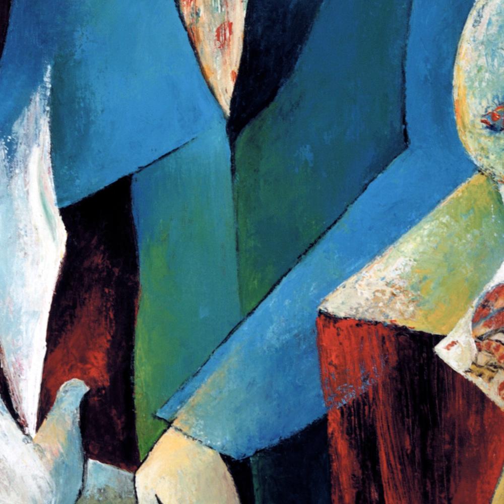 „“Der Prästidigitator“, Mann mit Tauben und Karten, figuratives Acrylgemälde (Moderne), Painting, von Françoise Collandre