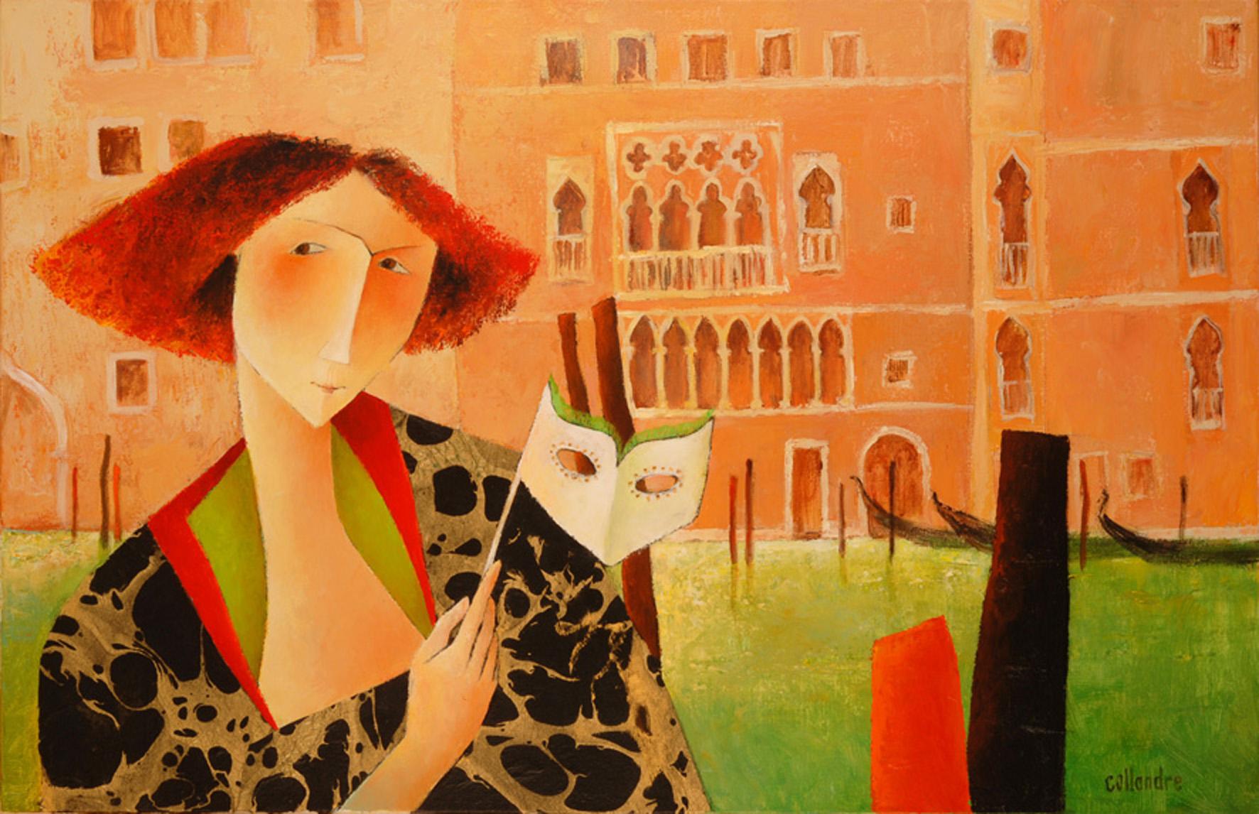 ""Maybe See You Tonight", Peinture figurative à l'acrylique d'une femme avec masque à Venise
